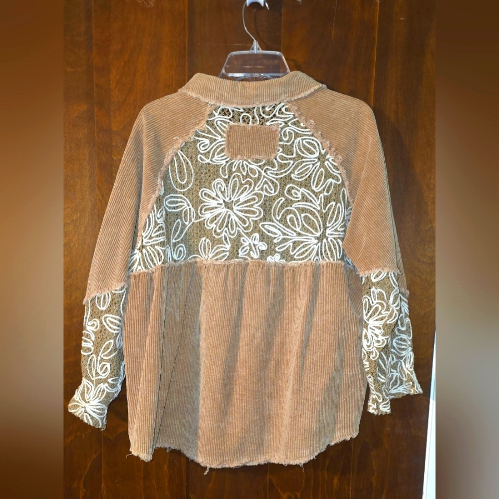 POL Corduroy Button-Down Shirt Jacket in Brown with Cream Embroidery - Picture 5 of 5